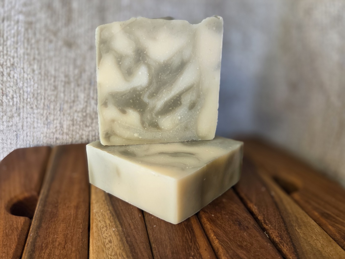 Sage-green and cream marbled swirl soap bars